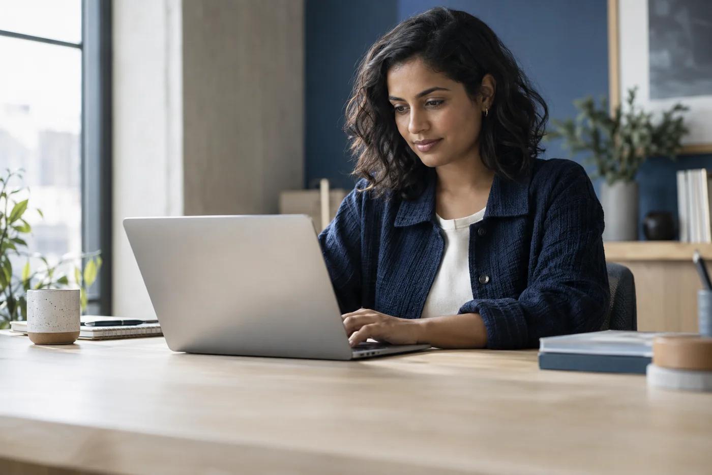 AI-generated illustration of a professional thoughtfully working at a laptop.